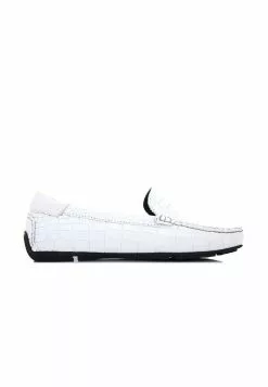 BONIA White Mina Croco-Embossed Loafers